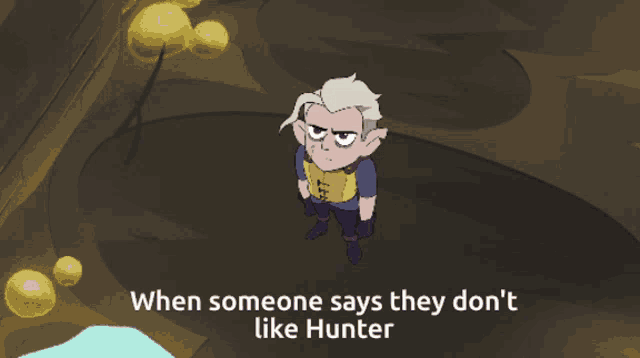 a cartoon character with the words when someone says they don 't like hunter on the bottom