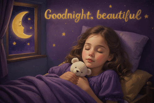 a little girl is sleeping with a teddy bear and the words goodnight beautiful are above her