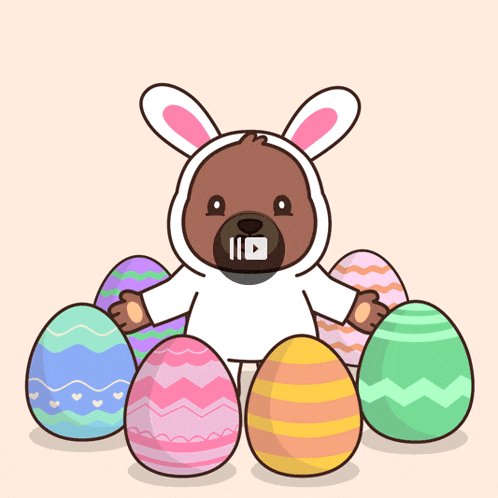 a cartoon of a bear dressed as a bunny surrounded by colorful easter eggs