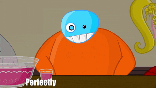 a cartoon character is sitting at a table with a glass of purple liquid and the words perfectly portioned by below him