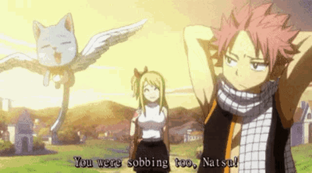a couple of anime characters are standing next to each other in a field .