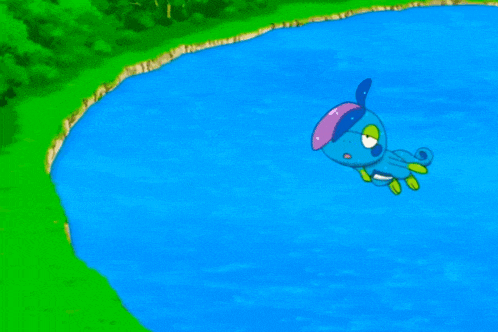 a blue cartoon character is swimming in a pond