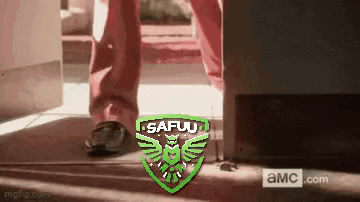 a pixel art of a person 's feet walking into a doorway with a logo for safuu .