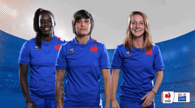 three women wearing blue jerseys with a gmf logo