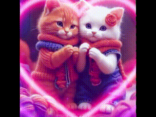 two cats are standing next to each other in front of a pink heart .