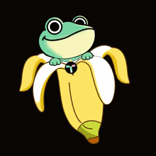 a frog in a banana with the letter t on its neck