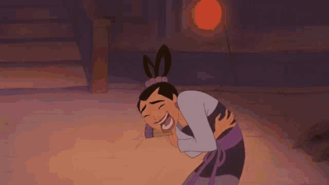 a cartoon woman is laughing while holding a fan in her hand .