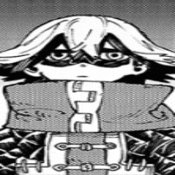 a black and white drawing of a person with long hair and a mask on .