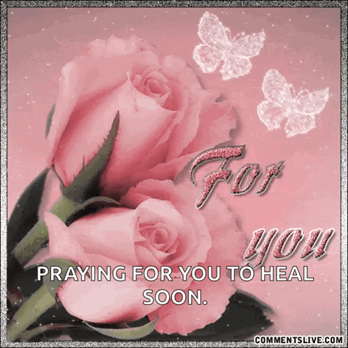 a greeting card with pink roses and butterflies says praying for you to heal soon