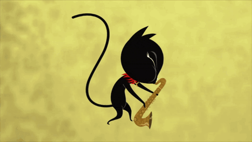 a drawing of a cat playing a saxophone on a yellow background