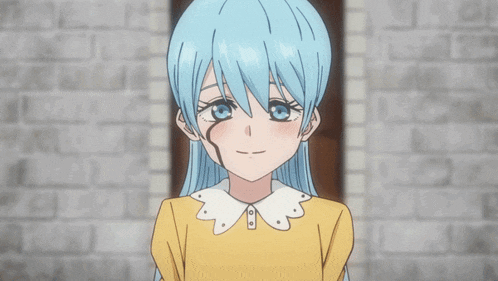 a girl with blue hair and a yellow shirt smiles