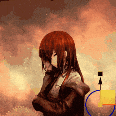 a girl with red hair is standing in front of a circle and a yellow square