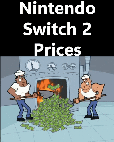 a poster for nintendo switch 2 prices with cartoon characters