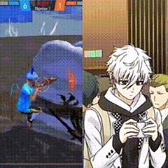 a man in a blue shirt is playing a video game next to a man with white hair holding a cell phone