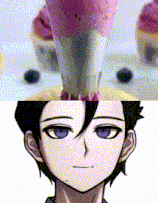 a close up of a person 's face next to a cupcake with purple frosting