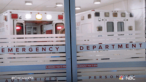 an ambulance in the emergency department of a hospital