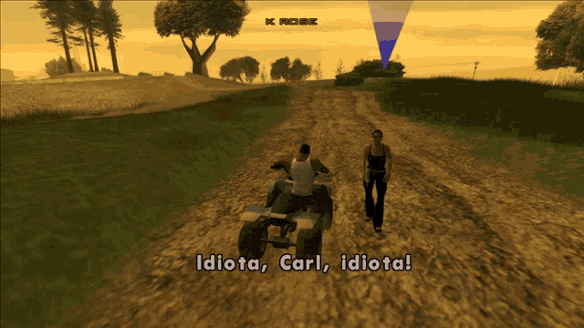 a video game screen shows a man riding an atv and a woman walking along a dirt road