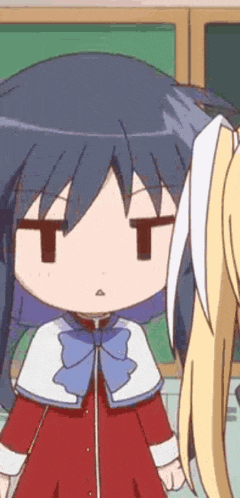 two anime girls are standing next to each other and one of them is making a face .