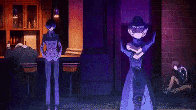 a man in a suit and a woman in a mask are standing in front of a bar .
