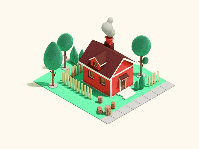 an isometric model of a red house with a chimney and trees
