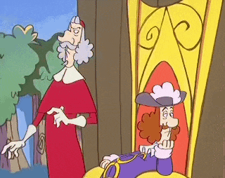 a cartoon of a man sitting on a throne next to another man .