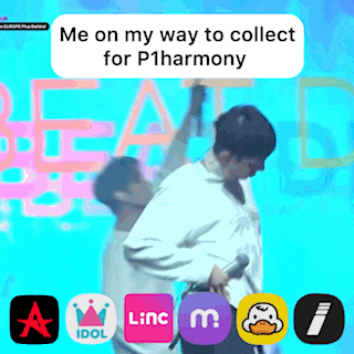 a picture of a man holding a microphone with the words me on my way to collect for p1harmony above him