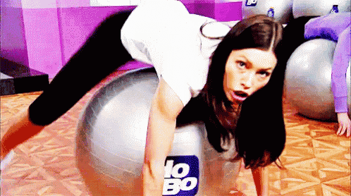 a woman is doing exercises on a pilates ball that says no bo on it