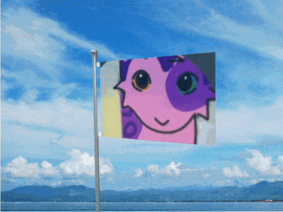 a pink and purple flag with a dragon face on it