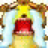 a blurry picture of a statue of jesus with a red bell in the background .