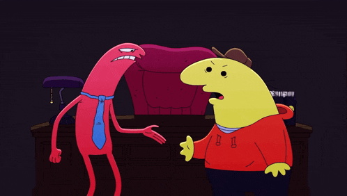 two cartoon characters are standing next to each other with one wearing a tie that says ' i ' on it