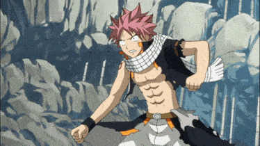 a cartoon character with a scarf around his neck is standing in front of some rocks