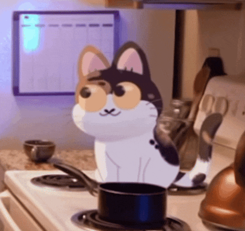 a cartoon cat is sitting on a stove with a pot on top of it
