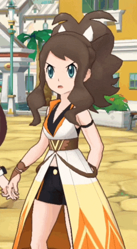 a girl with brown hair and blue eyes is wearing a white and orange outfit