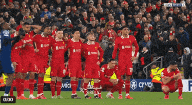 a group of soccer players are kneeling down on a field with a crowd in the background