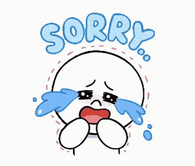 a cartoon character is crying with tears coming out of his eyes and the word sorry written above him .