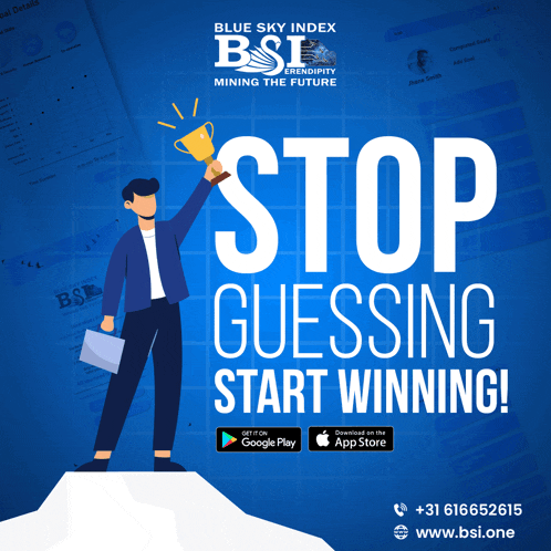 an advertisement for the blue sky index says stop guessing and start winning