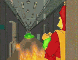 a cartoon character wearing a pair of sunglasses with a reflection of a room in them