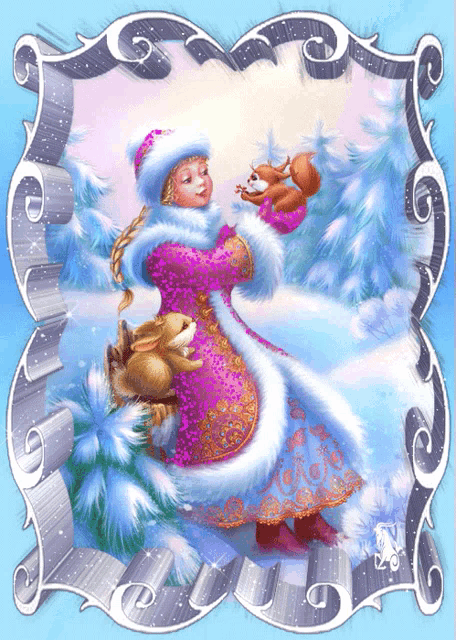 a painting of a girl holding a squirrel and a rabbit in the snow