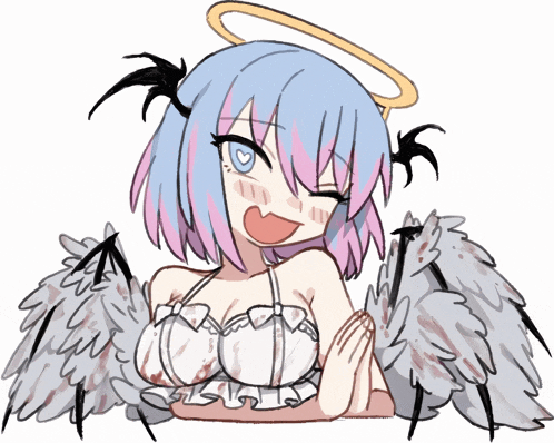a drawing of a girl with angel wings and horns