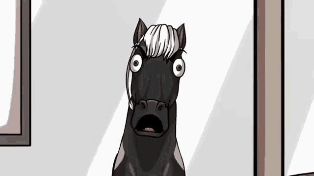 a cartoon horse is standing in front of a window and looking at itself in the mirror .