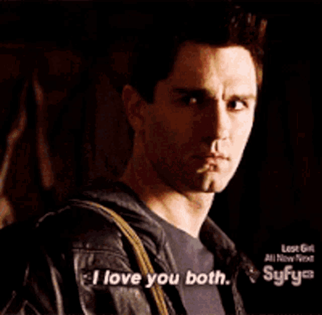 a man in a leather jacket says i love you both on a screen