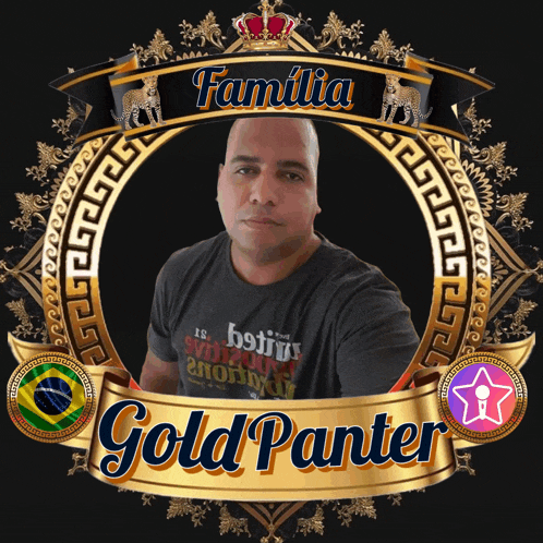 a man in a black shirt is surrounded by a gold banner that says gold panter
