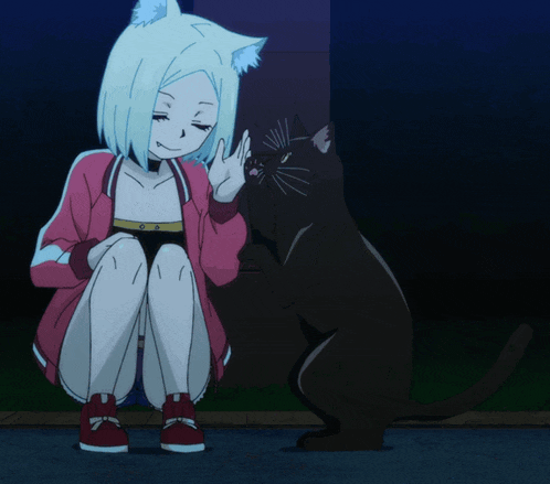 a girl with cat ears is kneeling down next to a cat