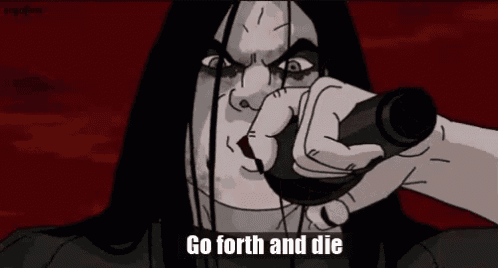 a cartoon character is holding a microphone in his hand and says `` go forth and die '' .