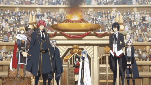 a group of anime characters stand in front of a crowd of people
