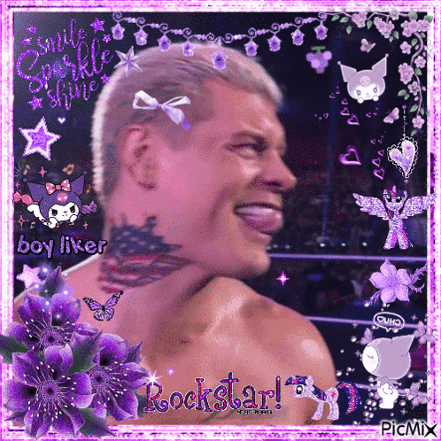 a man with a tattoo on his neck is surrounded by purple flowers and rockstar written on it