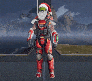 a man wearing a santa hat and gloves is standing on a platform