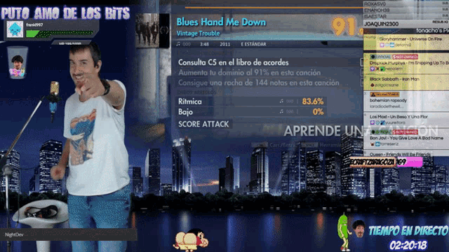 a man is pointing at a screen that says " blues hand me down "