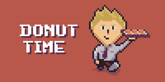 a pixel art drawing of a man holding a donut with the words donut time below him