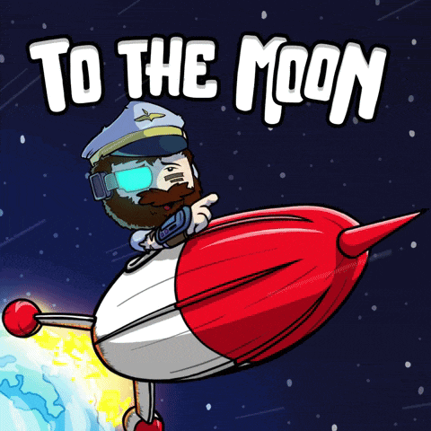 a cartoon of a man riding a rocket with the words to the moon behind him